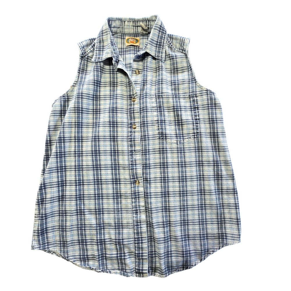 CM Company Women's Sleeveless‎ Plaid Shirt Top Button Down Blue White